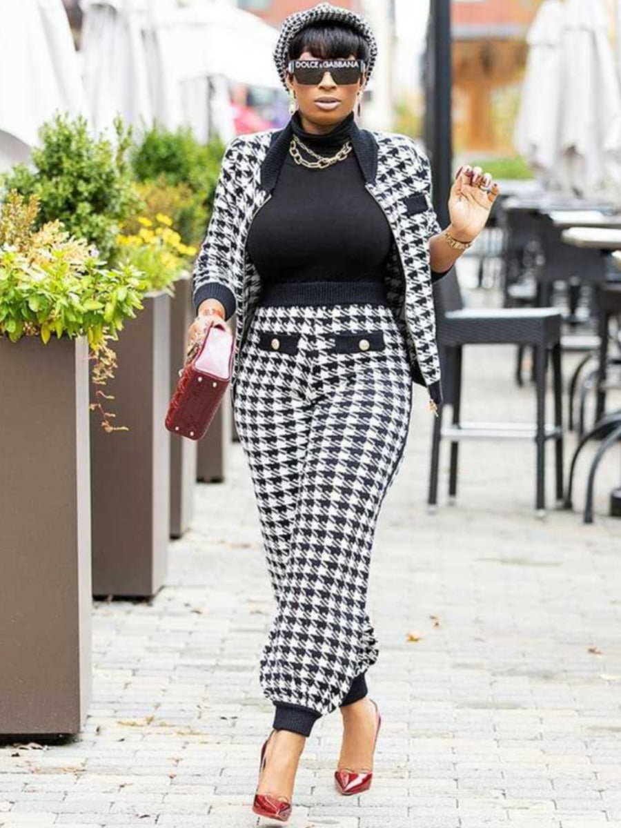 Houndstooth Pocket Design Pants Set Ar7075