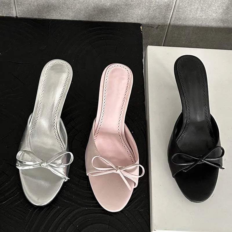 New Arrivals Summer Pink Butterfly-knot Slippers Stripper Thin Mules Slides Shoes Low Heel Pumps