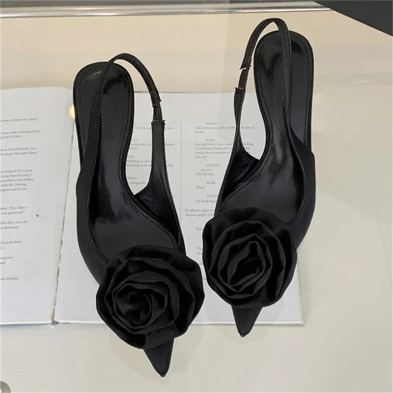 Satin Slingback Design Pointed Toe Thin Highs Banquet Wedding Mule Shoes Low Heel Pumps