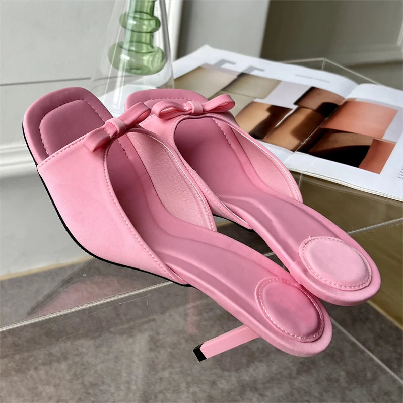 Summer Butterfly-knot Satin Slipper Slip on Sandal Thin High Outdoor Slides Shoes Low Heel Pumps