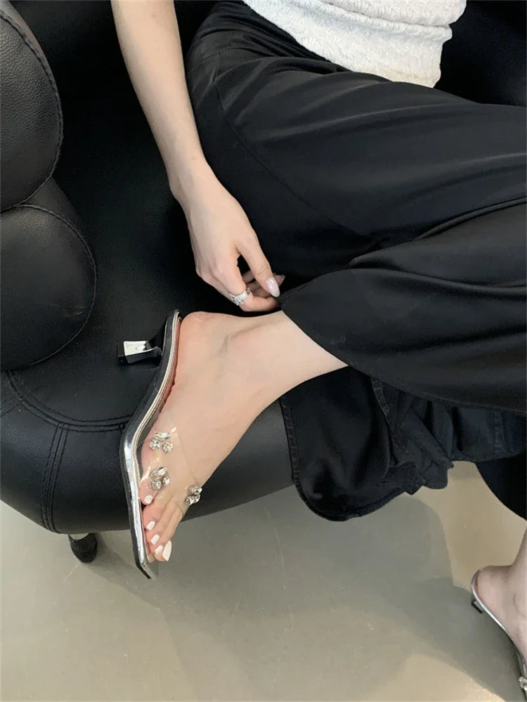 Summer Pvc Transparent Square Toe Slippers Slide Shoes Low Heel Pumps