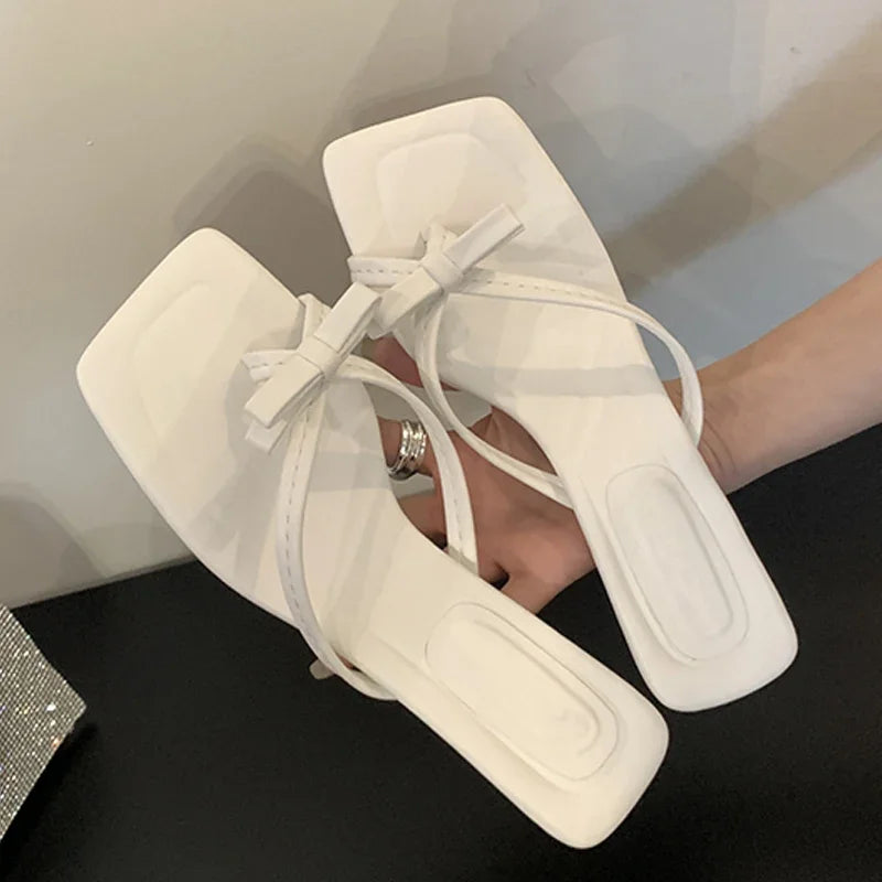 Summer Satin Butterfly-knot Clip Toe Slipper Thin Party Dress Slides Shoes Low Heel Pumps
