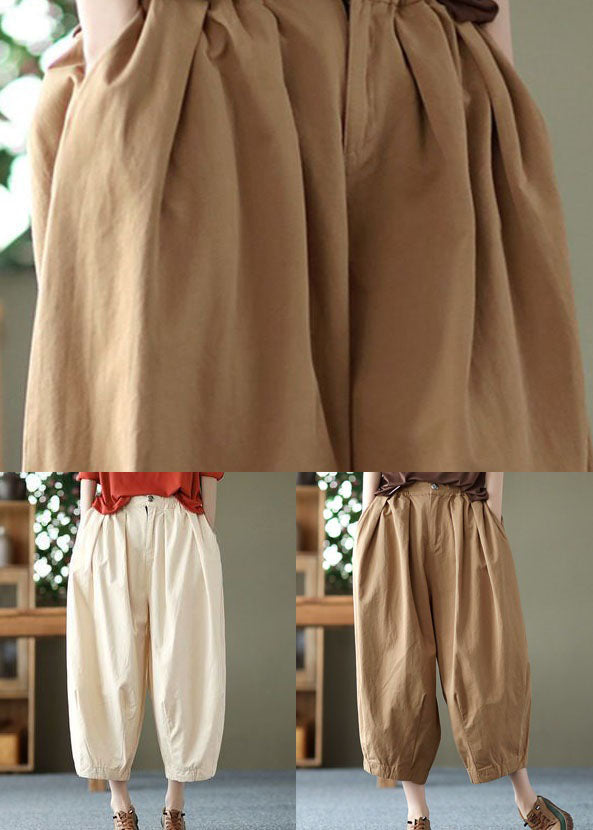 Beige Pockets Wrinkled Patchwork Linen Crop Pants Summer Ly0621