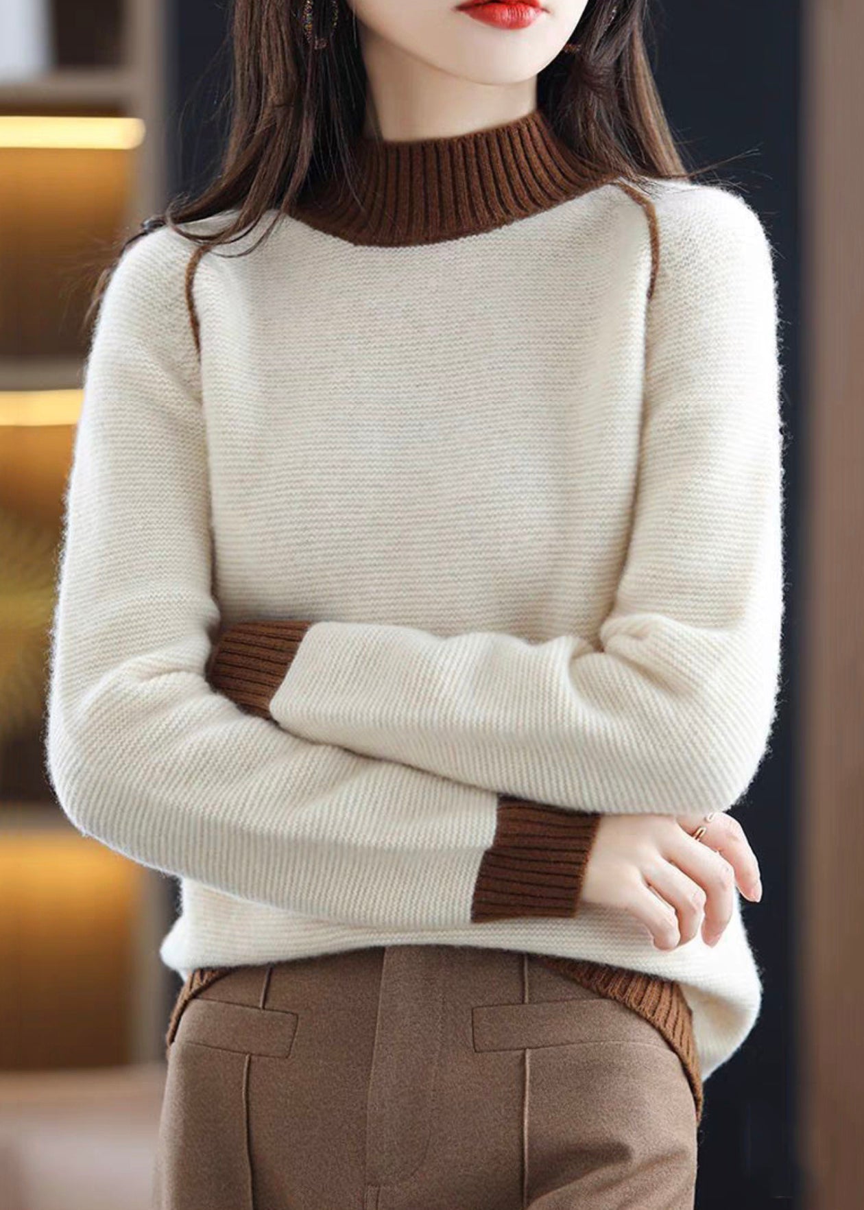 Beige Turtleneck Cozy Patchwork Wool Knit Sweaters Fall Qi047