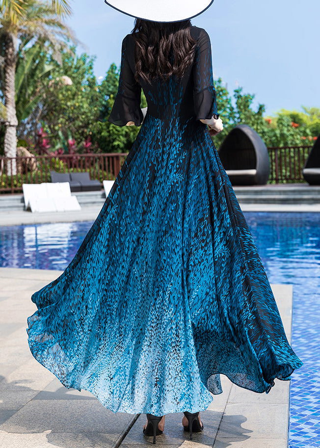 Blue O-neck Print Party Chiffon Long Dress Half Sleeve Ly1776