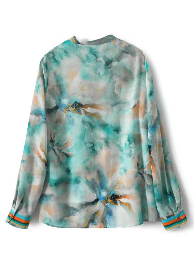 Blue Print Button Silk Blouses Spring Qa1083