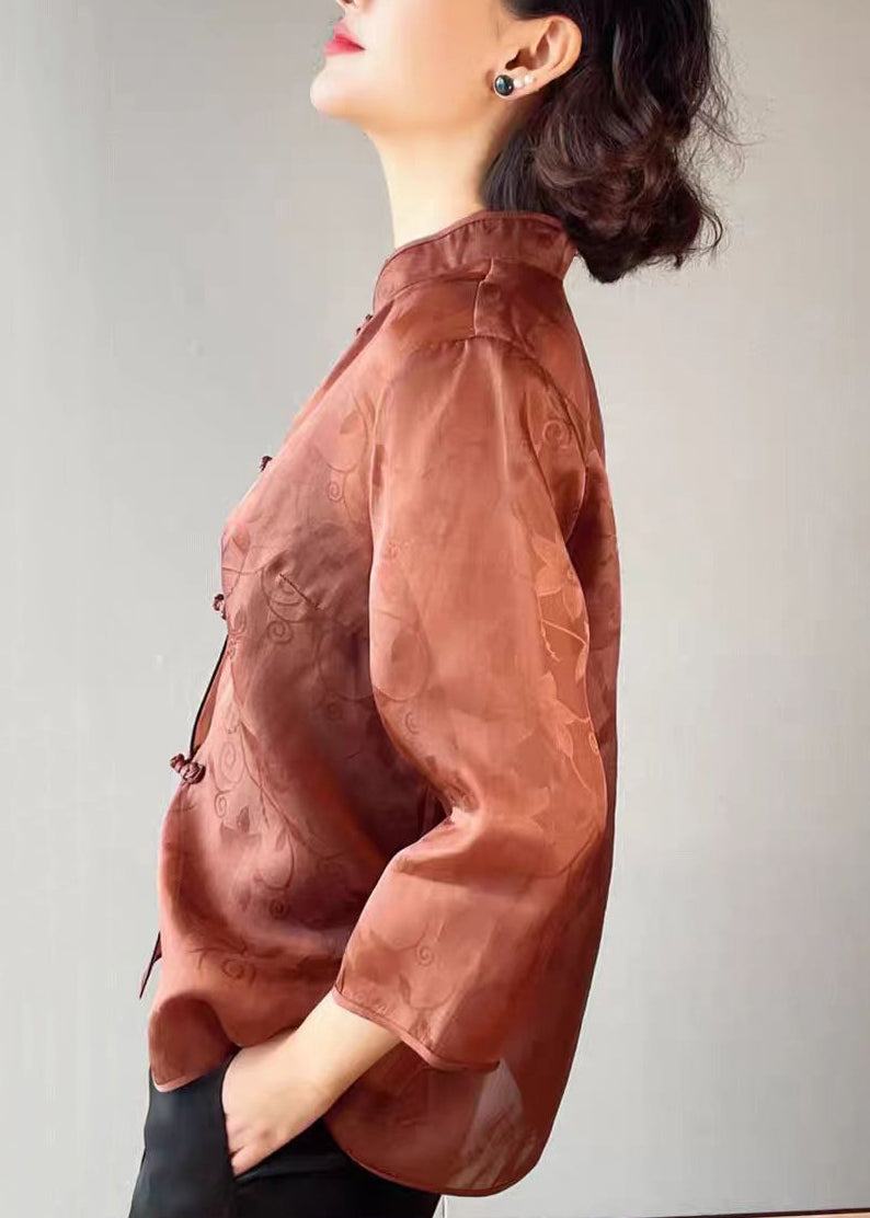 Brown Stand Collar Button Print Silk Blouses Summer Qa1070