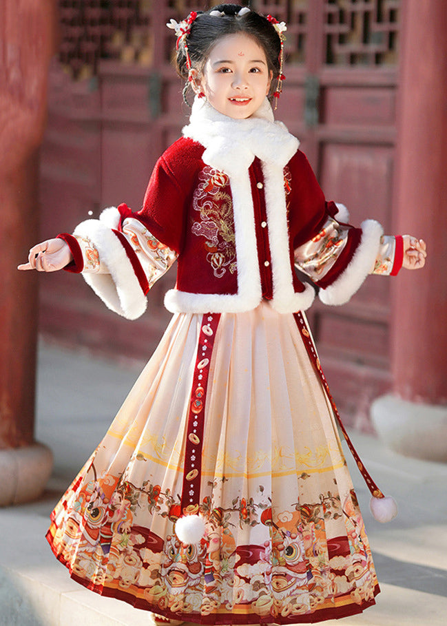 Champagne Fur Collar Button Kids Coats and Maxi Skirts Two Pieces Set Winter Tr006