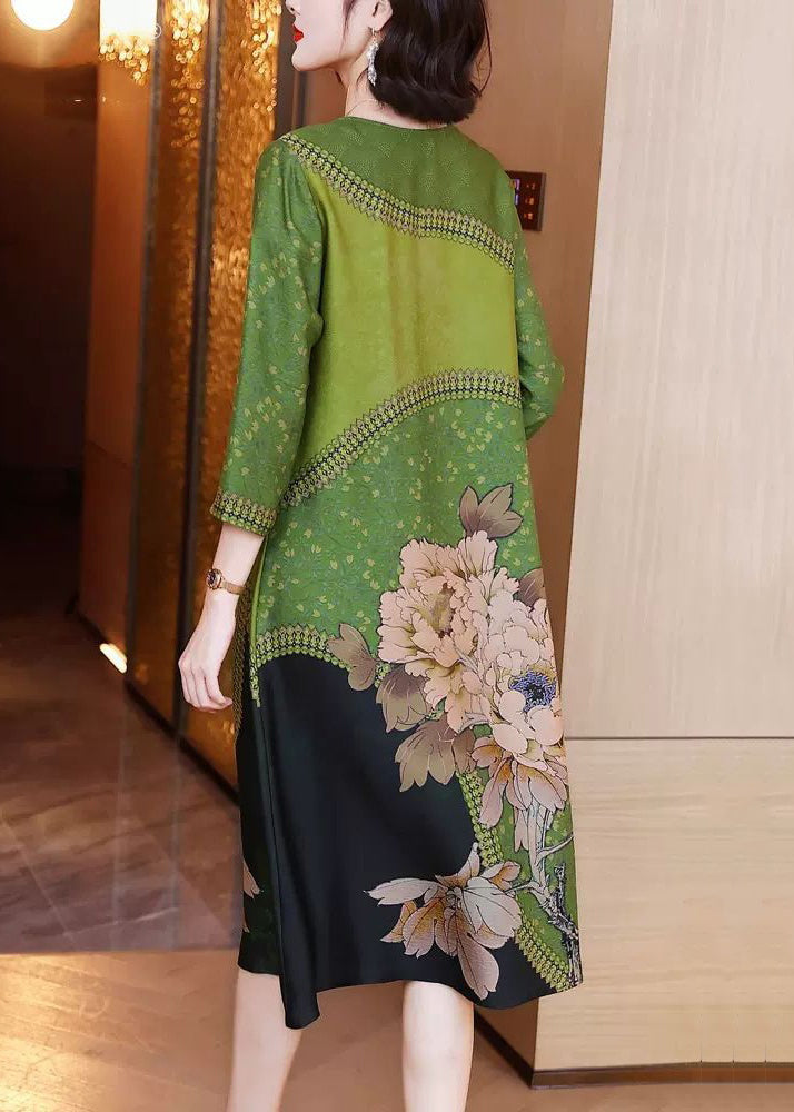 Green O Neck Print Patchwork Silk Long Dresses Spring Op1080