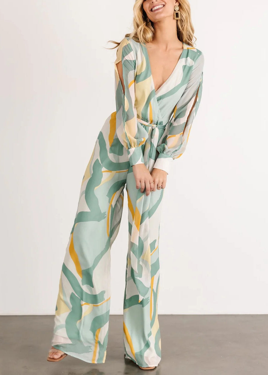 Green V Neck Print Chiffon Jumpsuit Long Sleeve Au1007