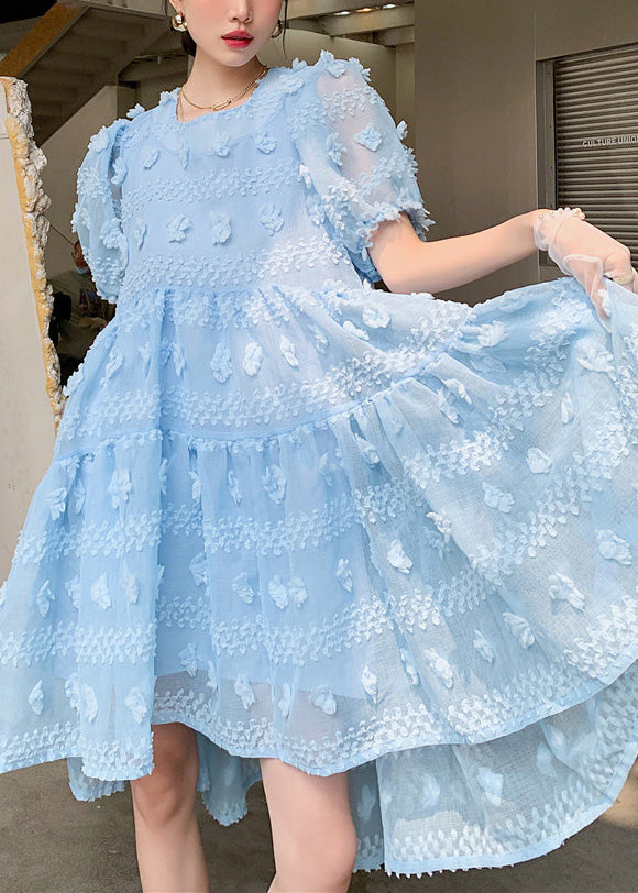 Light Blue O-neck Zippered Long Dresses Puff Sleeve Ly0751