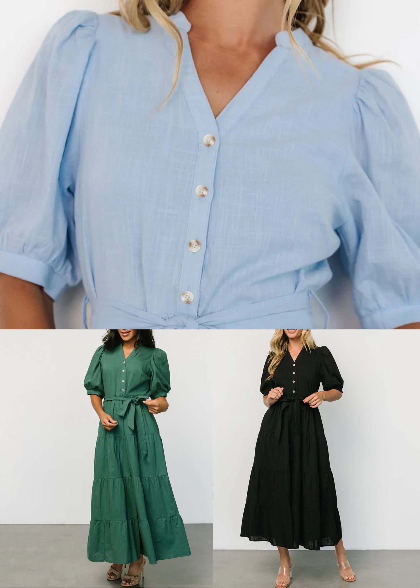 Black Tie Waist Cotton Long Dresses V Neck Short Sleeve Au1004