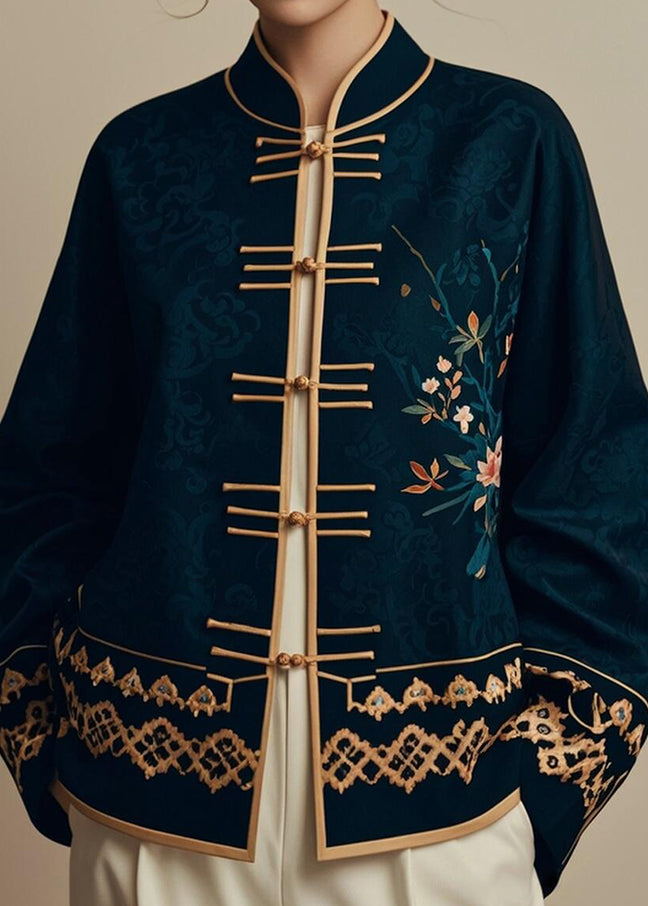 Navy Chinese Button Printsilk Coats Fall Er005