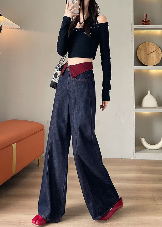 Navy High Waist Patchwork Denim Straight Pants Spring Yo10