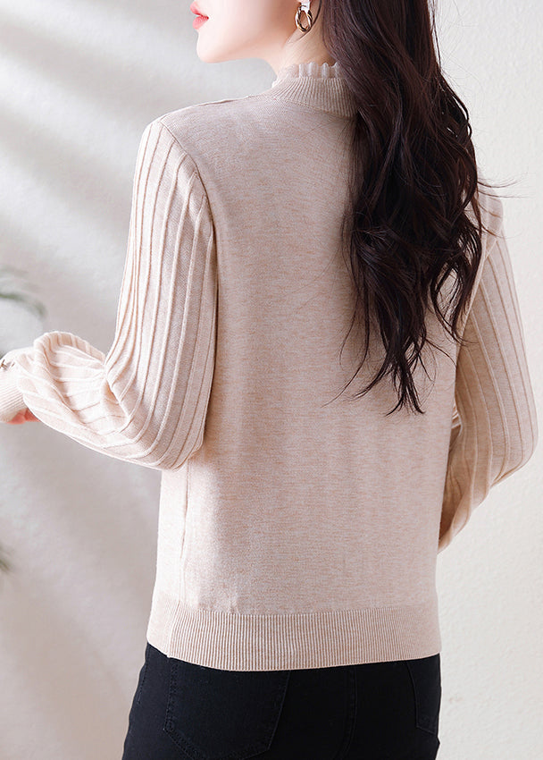 Oatmeal Ruffled Button Patchwork Woolen Sweater Spring Tf026