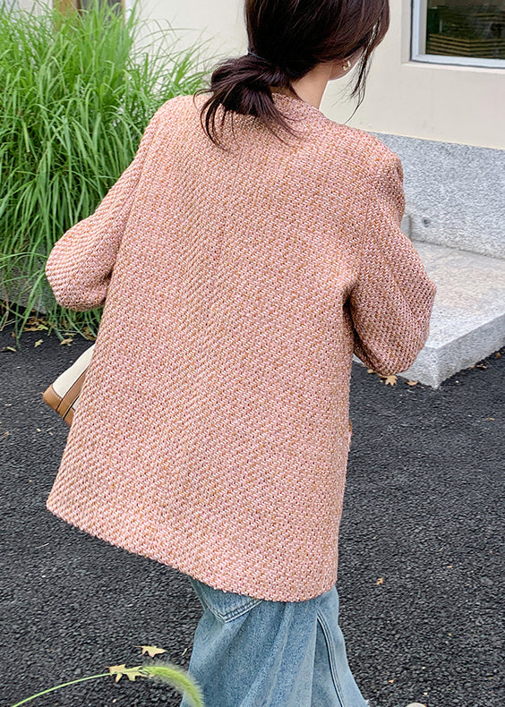 Pink O Neck Button Pockets Coat Fall Wm002