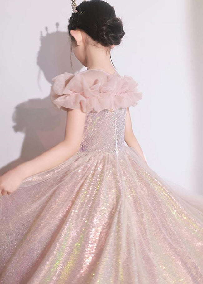 Pink Patchwork Tulle Maxi Dresses Short Sleeve Qv010