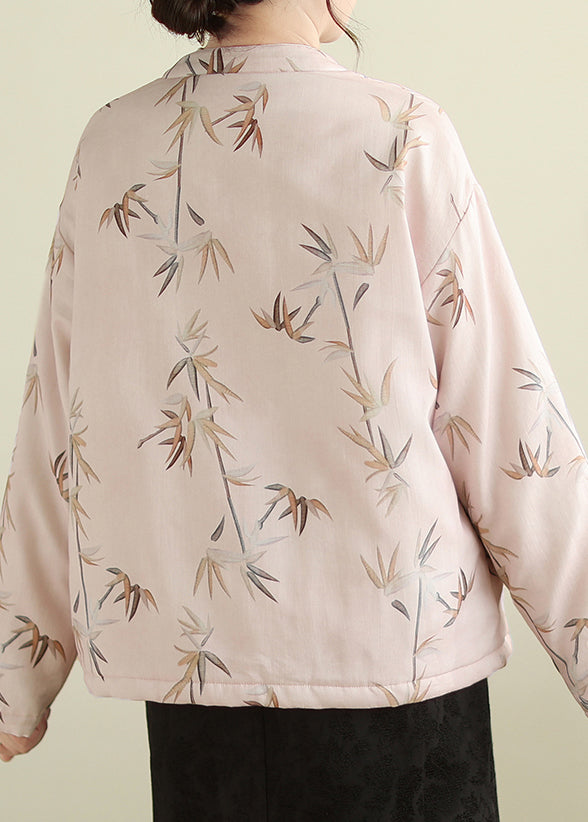 Pink Stand Collar Button Print Thick Coats Winter Qg023