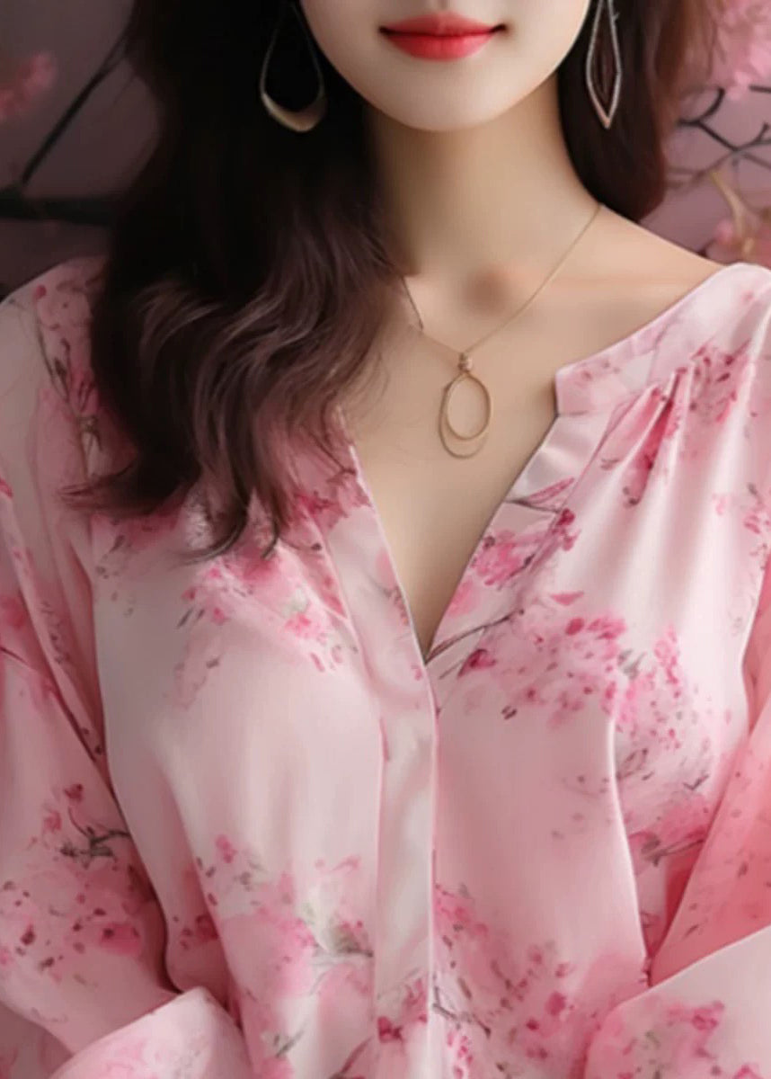 Pink V Neck Print Chiffon Blouses Bracelet Sleeve Kj018