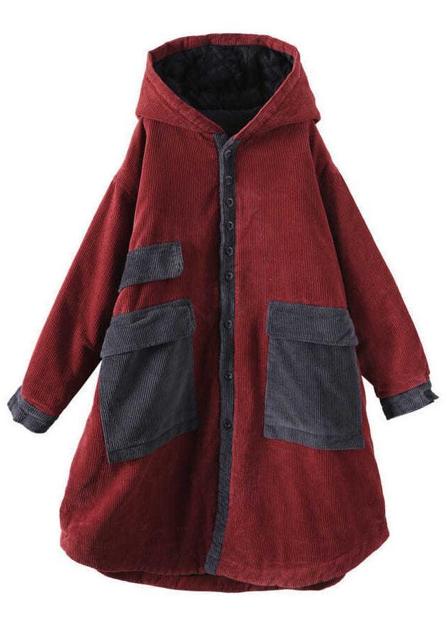 Red Hooded Pockets Button Winter Coat Long Sleeve Qs046