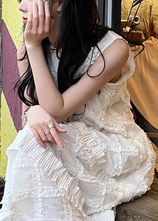 White Ruffled Cotton Long Dress Sleeveless Kk029