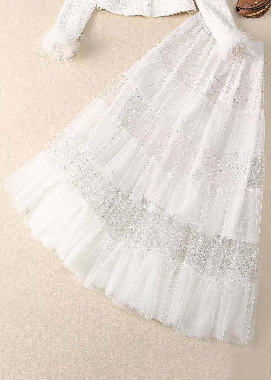 Two White Sequins Bead Tulle Maxi Coats and Skirt Nail