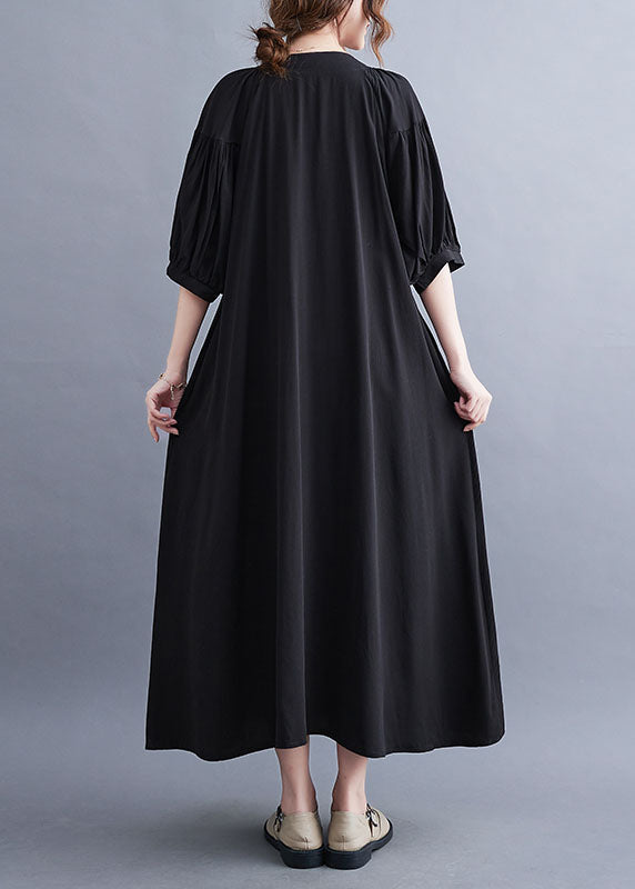 Black Embroideried Lace Up Cotton Maxi Dress Summer Ly1549