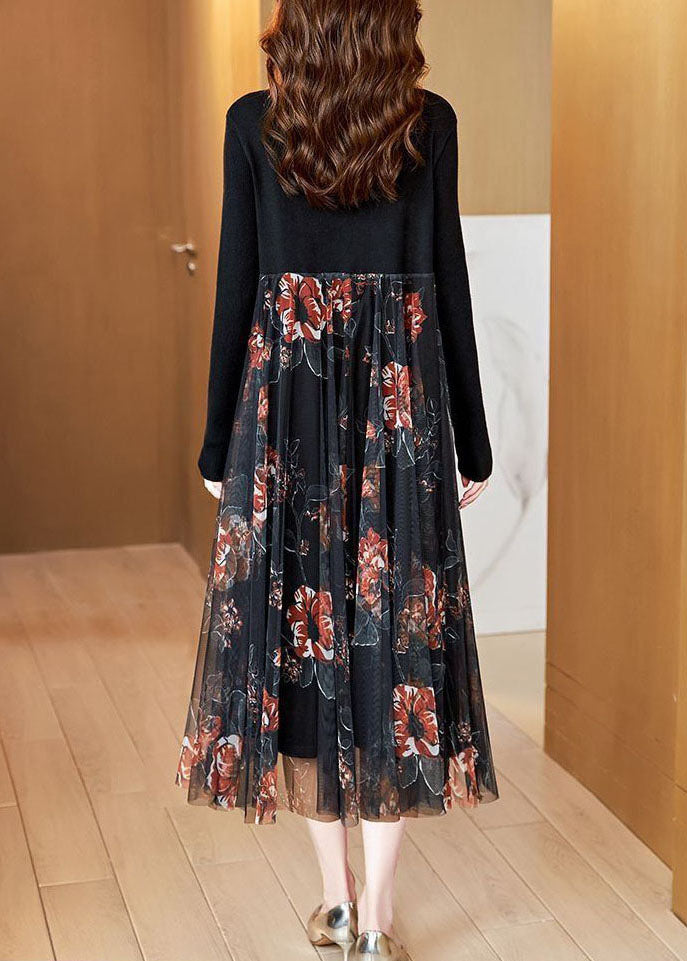 Black Stand Collar Patchwork Tulle Knit Long Dress Spring Ac2044