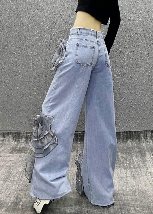 Blue Pockets Bead Tassel Denim Pants Fall Ri013