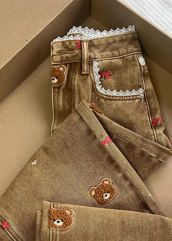 Coffee Embroidered Lace Patchwork Denim Straight Pants Spring Tn023