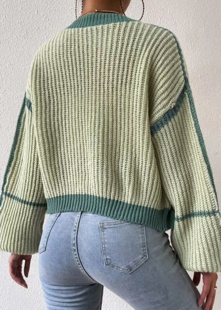 Green Striped Knit Short Cardigan Fall Qy013