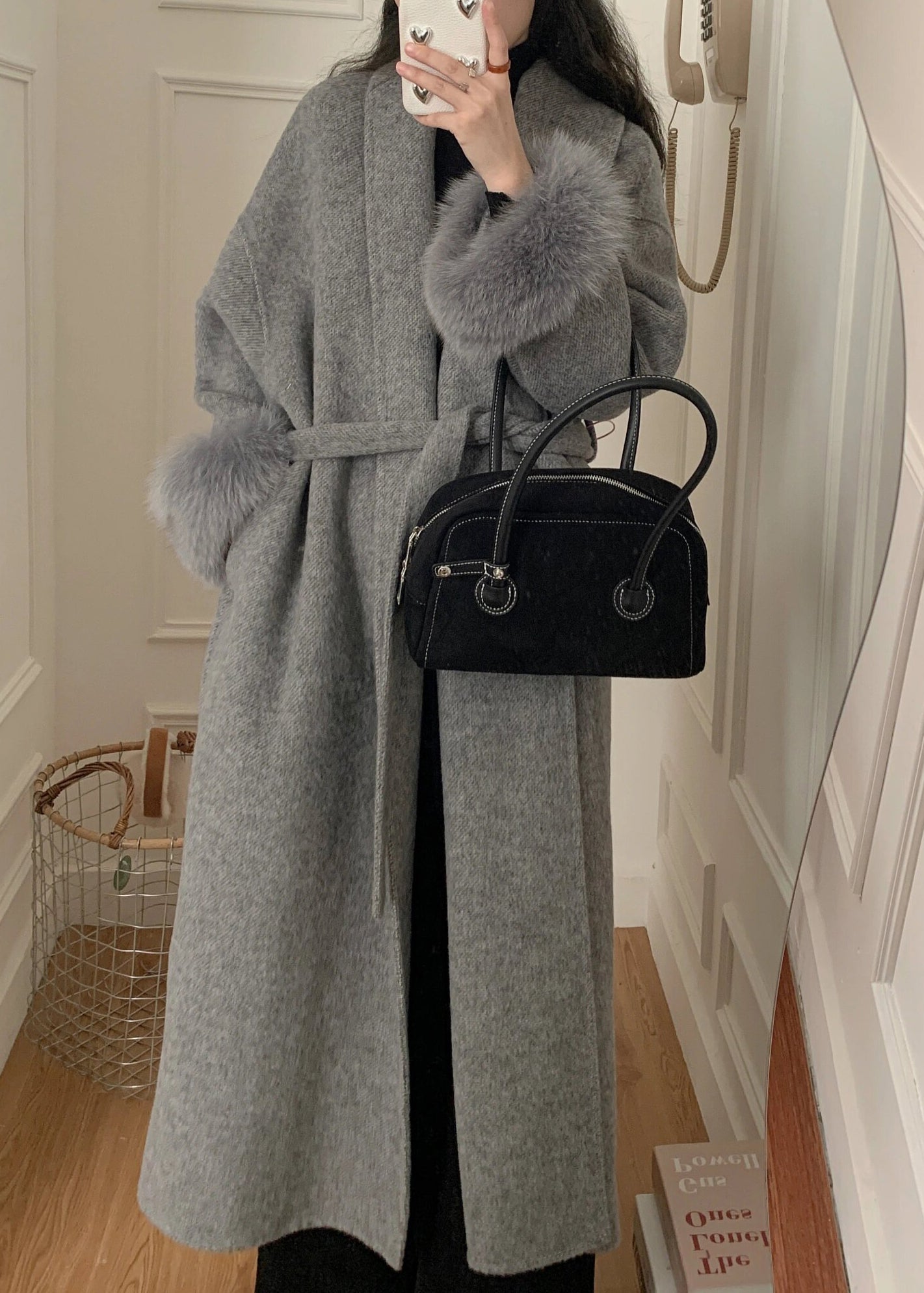 Grey Fox Fur Patchwork Woolen Duster Coat Winter Rs043