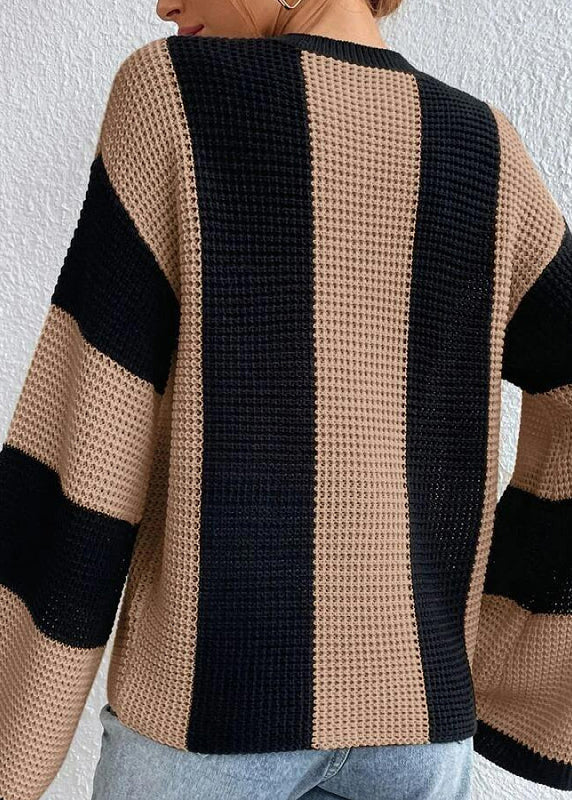 Khaki O Neck Striped Knit Sweaters Fall Qy007