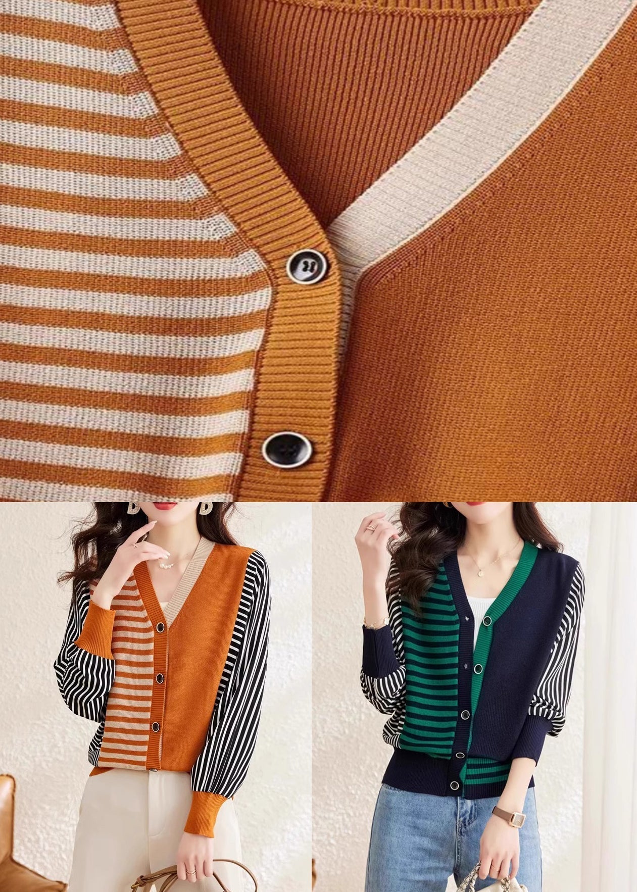 Orange V Neck Striped Button Woolen Sweater Spring Tf045