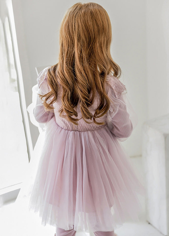 Purple Tassek Warm Fleece Tulle Maxi Dress Flare Sleeve Tg003