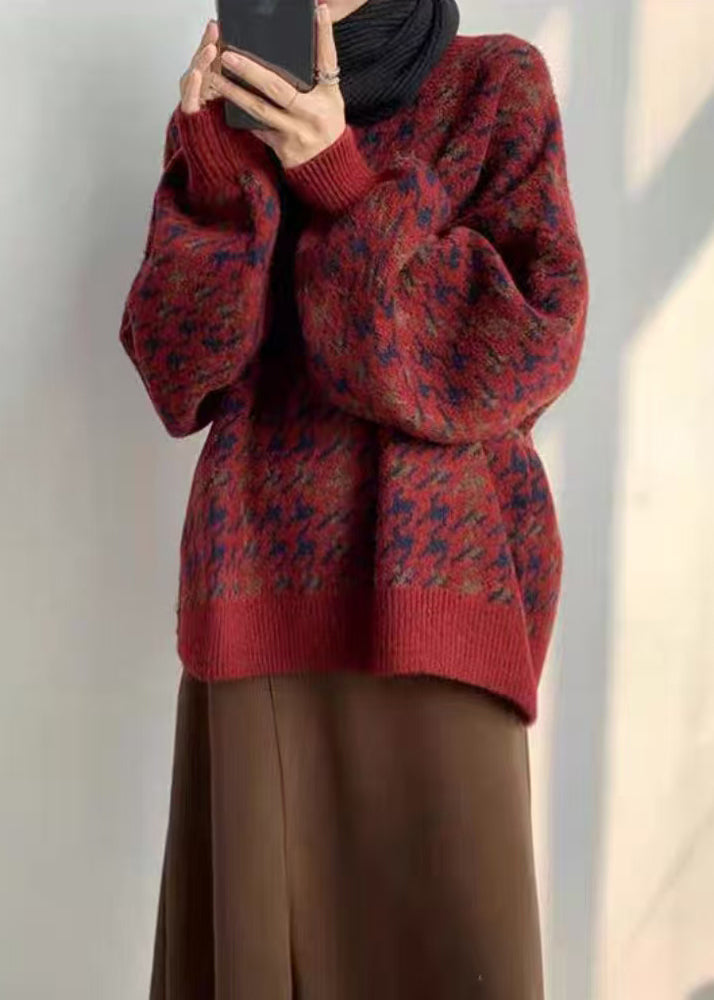 Red O Neck Print Loose Knit Sweater Spring Td033