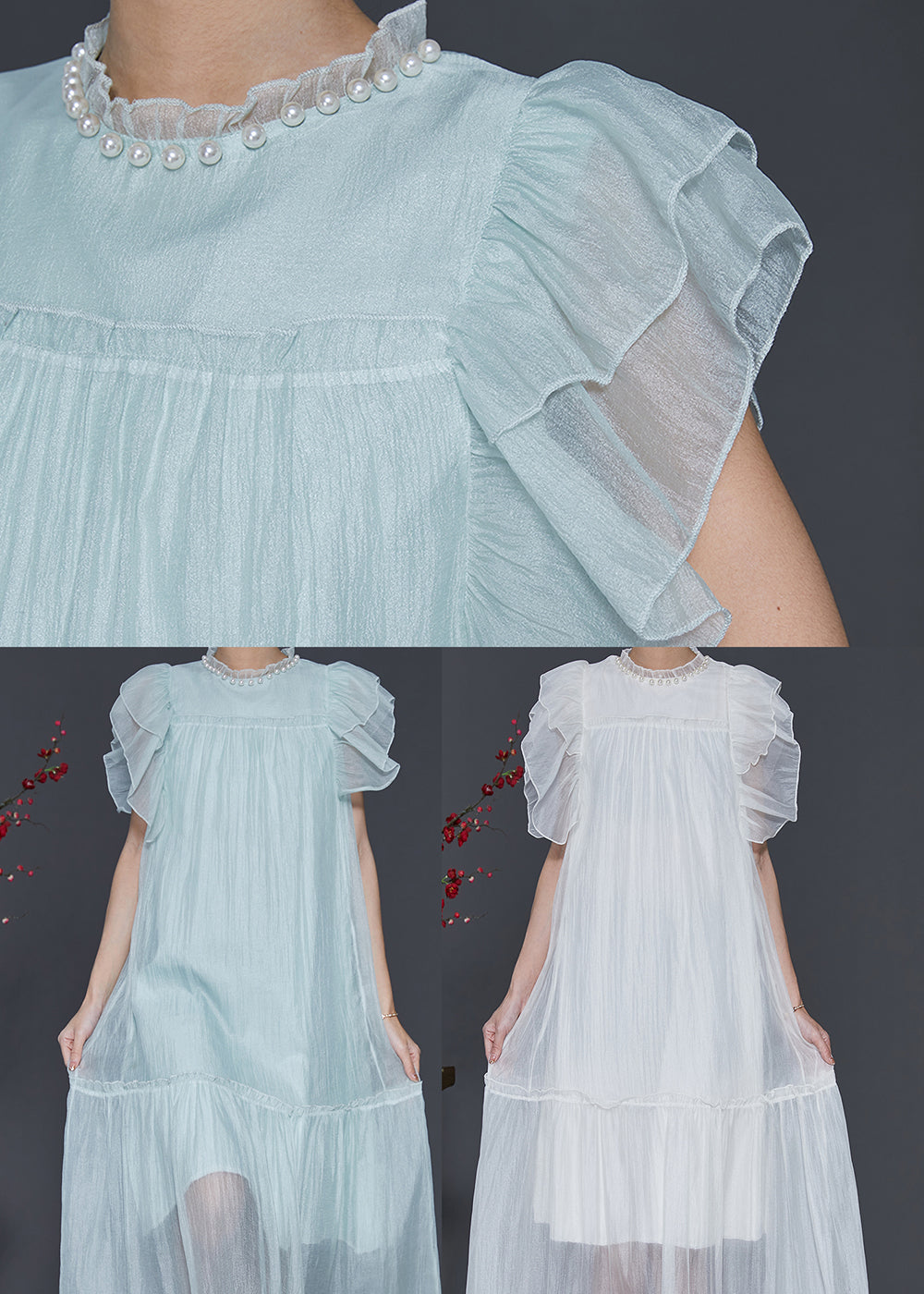 Sky Blue Ruffled Silk Maxi Dresses Summer Sd1099