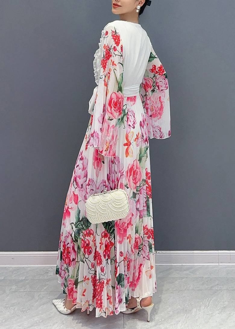 White O-neck Ruffled Patchwork Tie Waist Chiffon Long Dress Long Sleeve Ao1034