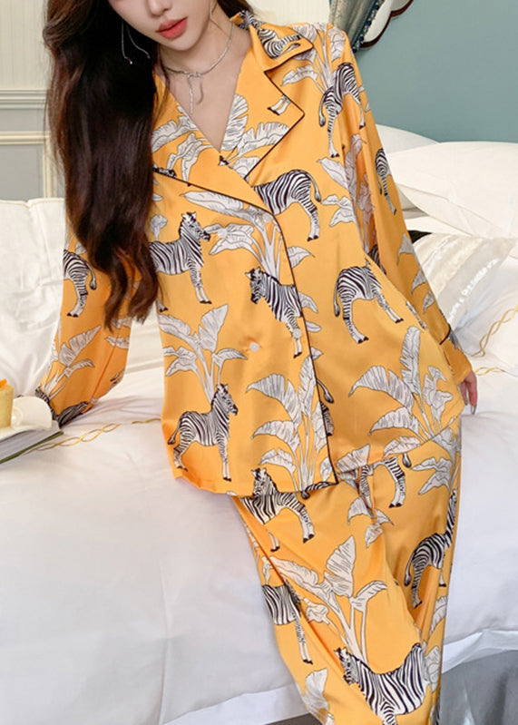 Yellow Notched Print Shirts and Pants Two Pieces Set Spring Xs1011