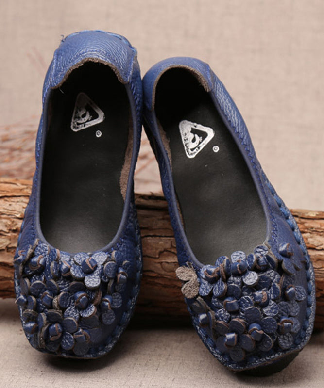 Fine Blue Flower Splicing Cowhide Leather Flat Shoes Sl1015
