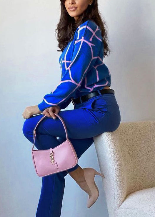 Fine Blue O Neck Thick Striped Knit Sweater Fall Qy001