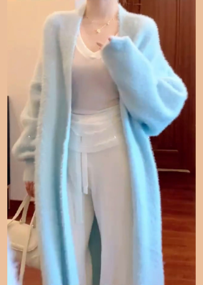 Fine Blue V Neck Mink Hair Knitted Cardigan Fall Rl012