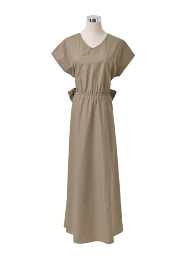 Fine Khaki V Neck Wrinkled Patchwork Cotton Long Dress Summer Ly1315