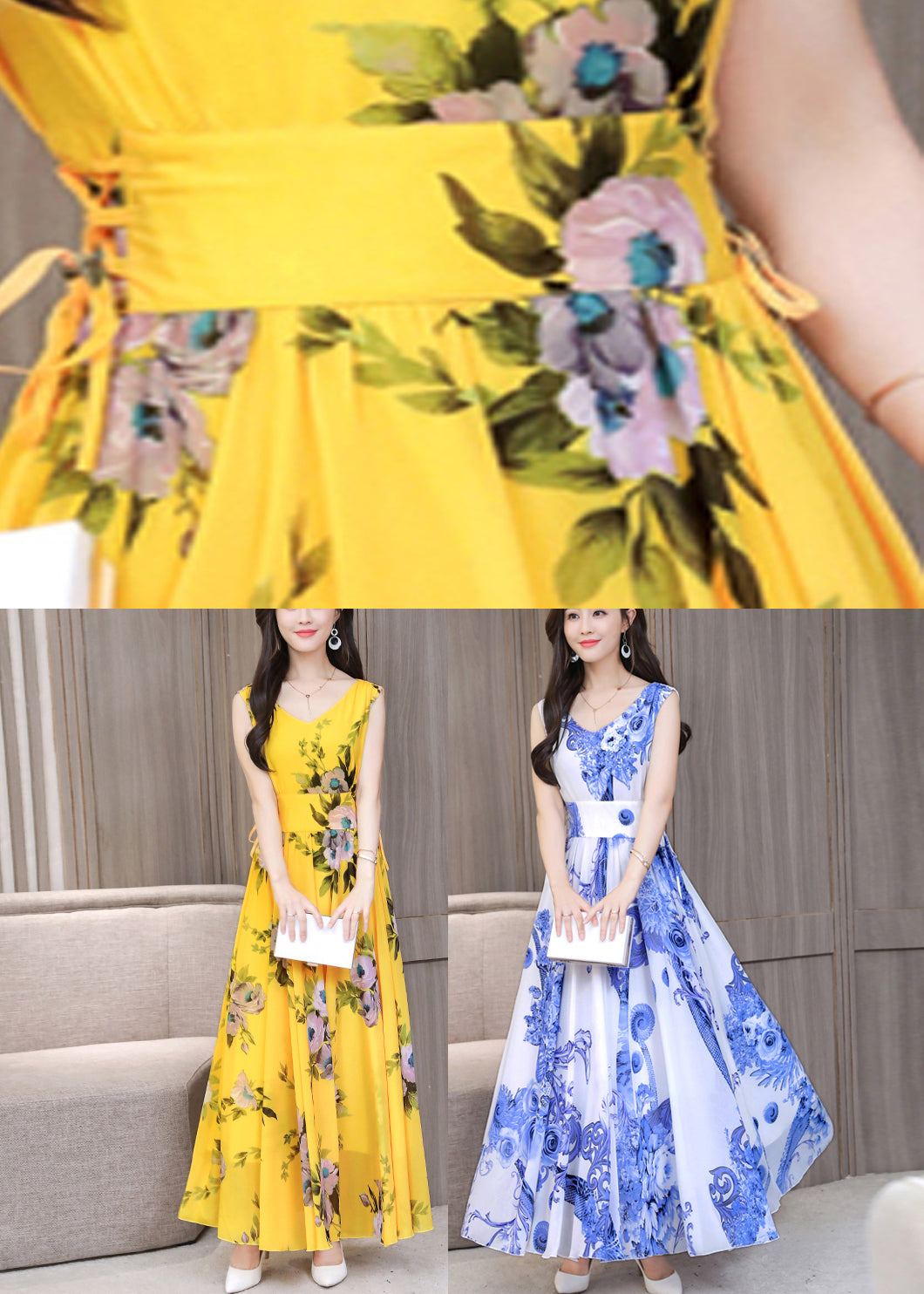 White Tie Waist Slim Chiffon Maxi Dress Sleeveless Ly1740