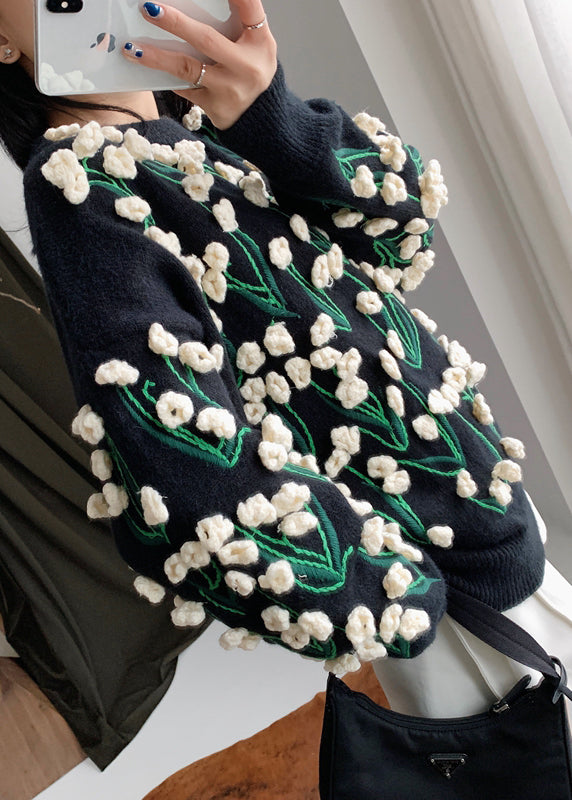 Black O Neck Cozy Cotton Knit Sweater Winter Wy007