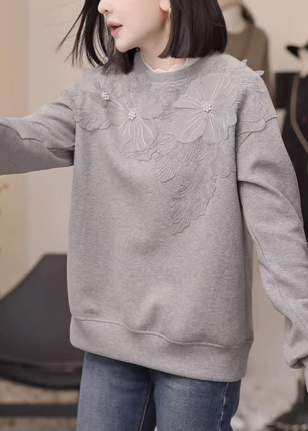 Grey Nail Bead Loose Cotton Sweatshirt Fall Rk030