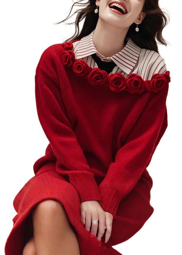 Red Slash Neck Knit Sweater Dress Fall Qs015