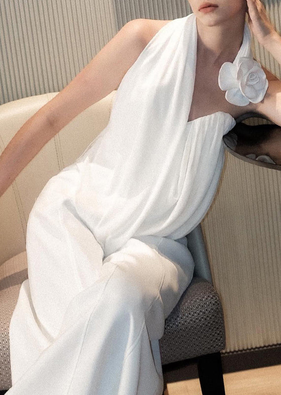 White Asymmetrical Tank and Wide Leg Pants Cotton Two Pieces Set Sleeveless Yz063