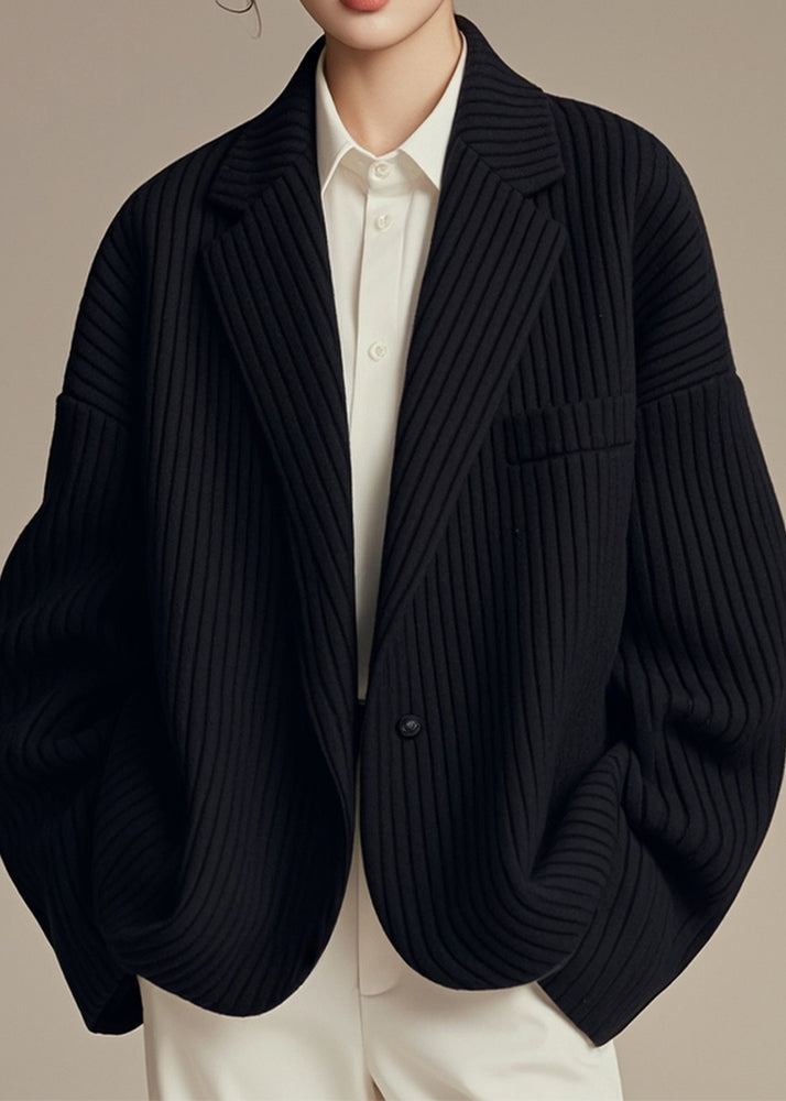 French Black Notched Striped Button Spandex Coats Fall Er003