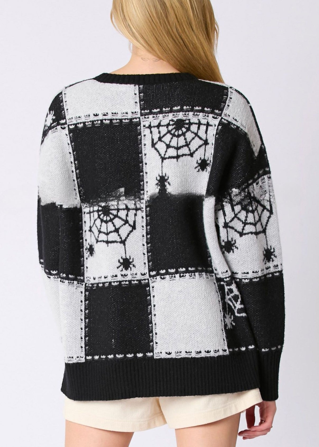 French Black Plaid Cozy Patchwork Knit Sweater Fall Ae1026